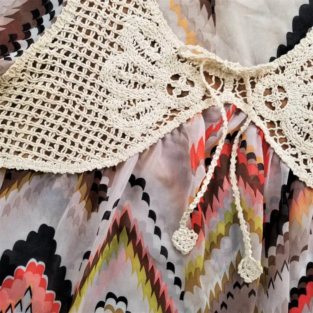 Umgee Brand Top Blouse Tan Brown Coral Chartreuse Multi Chevron Print Size 1XL - Picture 10 of 12